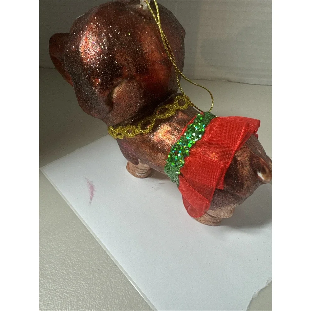Robert Stanley Vintage Christmas Blown Glass Ornament Brown Dog W‎ Red Tutu
